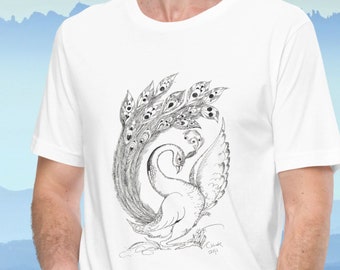 Beautiful Peacock Striking a Pose - Classic Artwork Pen Sketch, Unisex t-shirt