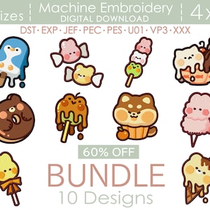 Może przedstawiać: Zestaw 10 wzorów do haftu maszynowego z uroczymi postaciami z kreskówek przedstawiającymi zwierzęta i jedzenie. Wzory są dostępne w 5 rozmiarach i idealnie nadają się do tworzenia naszywek, aplikacji termotransferowych lub innych prac ręcznych. Wzory są dostępne w formacie 4x4 i w następujących formatach: DST, EXP, JEF, PEC, PES, U01, VP3, XXX. 60% zniżki na zestaw.