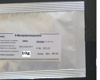 May include: A silver foil packet containing 10g of 6-Benzylaminopurine (SBA). The packet has a white label with chemical information, including the formula, CAS number, and assay. The text "KEEP FROM CHILDREN" is also visible.