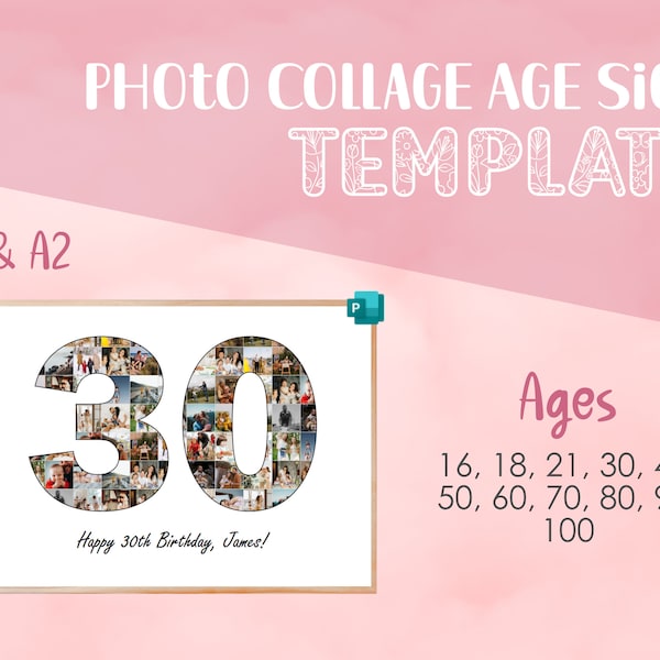 Photo Collage Age Sign Template, Microsoft Publisher, Custom Brithday Sign, Digital Download