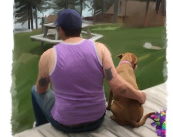 May include: A person wearing a purple tank top and blue jeans sits on a wooden deck with a brown dog. The dog is sitting next to the person and has its head turned to the side. The person has their back to the camera and is looking out at the view.