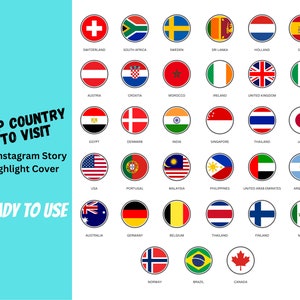 Op de afbeelding: Een grafiek met 36 cirkelvormige pictogrammen die vlaggen van verschillende landen voorstellen. De tekst "TOP COUNTRY TO VISIT" staat bovenaan de grafiek. Onder de tekst staat "36 Instagram Story Highlight Cover". De tekst "READY TO USE" staat onderaan de grafiek.