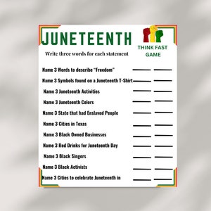 Juneteenth Game, Juneteenth Trivia Game, Juneteenth Think Fast, Seniors Game, Youth Game, African American Game, Black History Game