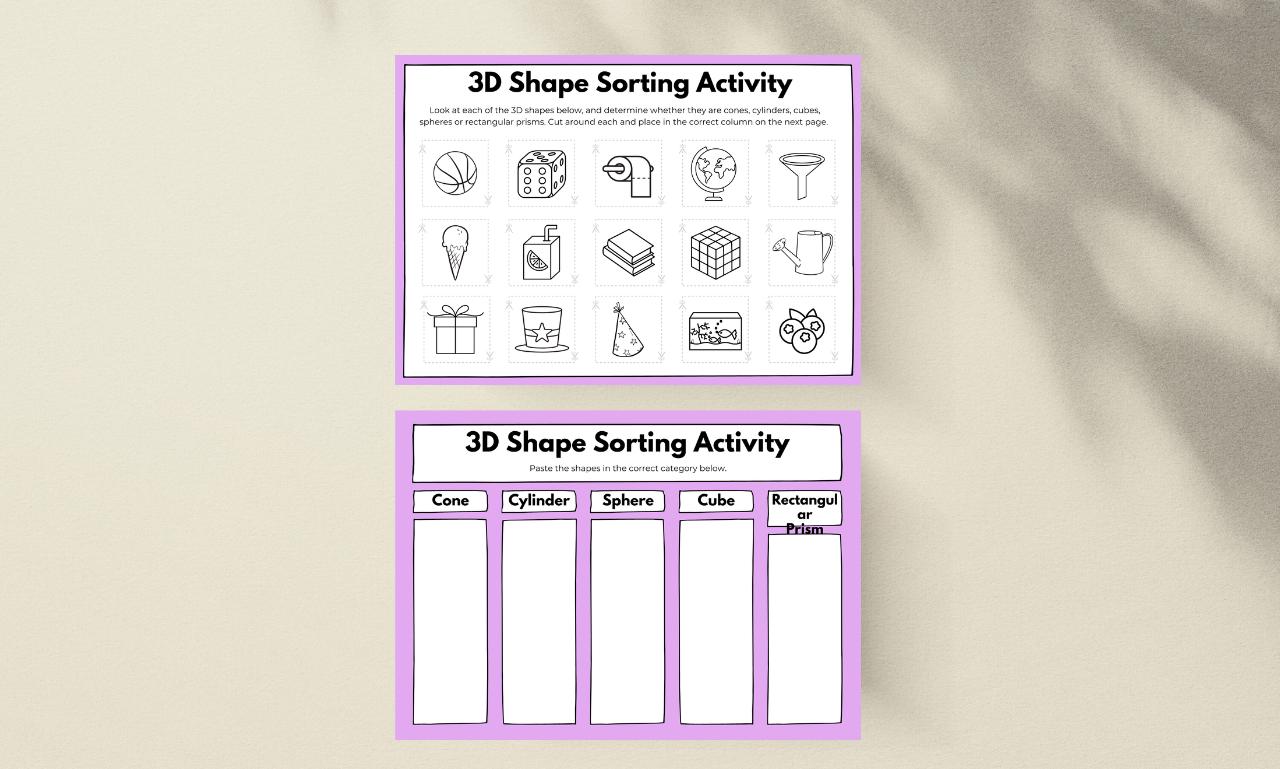 3D Shapes Sorting Activity Worksheet, Kindergarten Math Printable (PDF ...