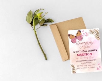 Butterfly 1st Birthday Invitation: Floral Pink, Editable (Digital Download)
