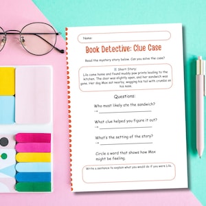 May include: A worksheet titled "Book Detective: Clue Case" with a short story and questions, along with colorful sticky notes, pens, and round glasses. The worksheet is on a pink and teal background.