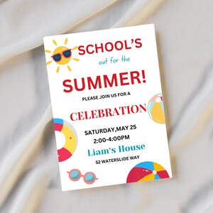 Editable School&#39;s out for Summer Party invite ,End of School Party Invitation,  School Party Invitation,