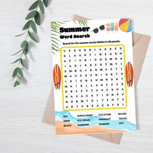 Búsqueda de palabras de verano, juegos de verano imprimibles, actividad divertida de verano para niños y adultos, juegos de fiesta, juegos divertidos de verano, actividades de verano