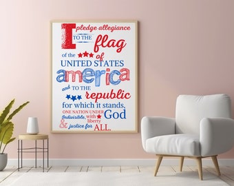 May include: A printable wall art design featuring the Pledge of Allegiance to the flag of the United States of America. The text is in red, white, and blue with a hand-drawn style.