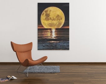 Impresión de puesta de sol, luna y océano: arte mural inspirador (descarga digital)