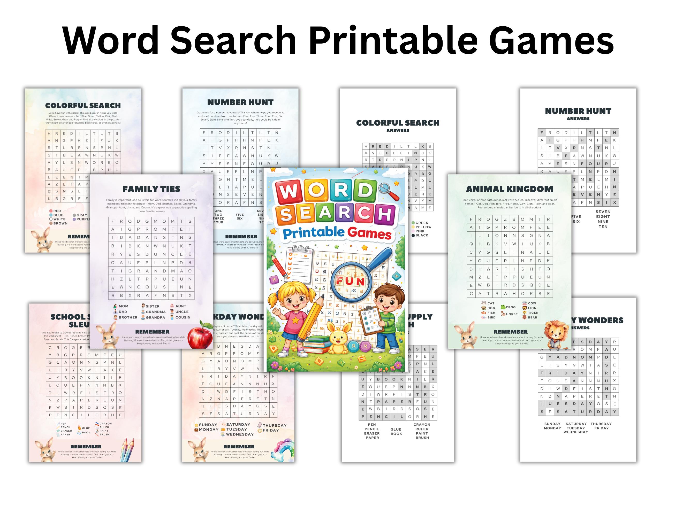 Printable Word Search Games, Kids Educational Puzzles, Activity Sheets