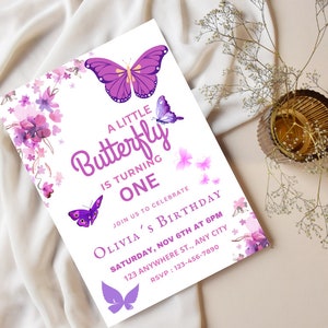 Butterfly Birthday Invitation, Girl Butterfly Party, Purple Butterfly Birthday Invite, First Birthday Invitation, Purple Butterflies Decor