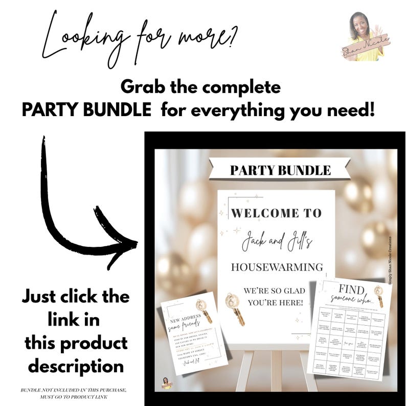 K&ouml;nnte beinhalten: Werbung f&uuml;r ein Party-Bundle mit dem Text "Looking for more?" und "Grab the complete PARTY BUNDLE for everything you need!". Das Bild zeigt ein Willkommensschild, ein Spiel und eine Karte.