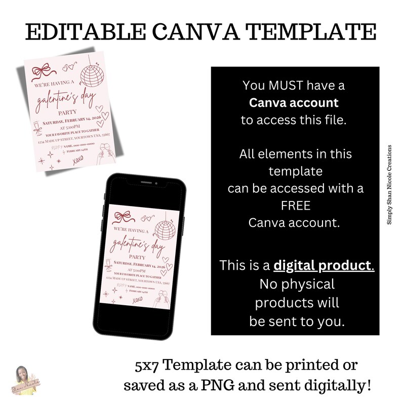 May include: An editable Canva template for a Galentine's Day party invitation. The design features a disco ball, hearts, and the text "We're having a Galentine's Day Party". The template is 5x7 inches and can be printed or saved as a PNG.