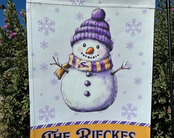 Personalized Sanger Texas Snowman Garden Flag Custom Family Name Address Winter Christmas Yard Decor Purple Yellow 12x18