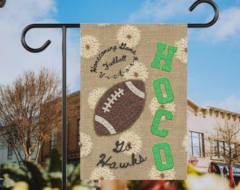 HOCO Garden Flag, Faux Burlap Football Banner, Fall Homecoming Yard Flag, Custom Green Team Name, Boho Varsity Style Garden Flag