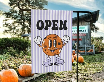 Retro Cookie "OPEN" Purple Garden Flag, Bakery Storefront Sign, Cottage Food Business Yard Flag, Home Bakery Open Sign
