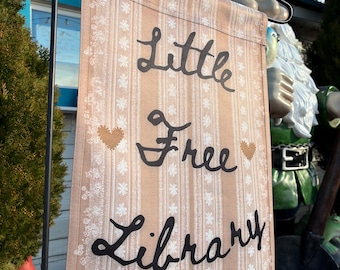 Rustic Little Free Library Garden Flag: Burlap, Lace, and Hearts