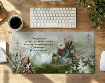 Christian Bunny Woodland Desk Mat Deuteronomy 31:8 Scripture Mouse Pad