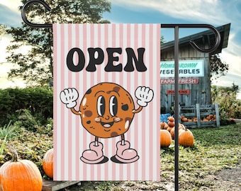 Retro Cookie "OPEN" Light Pink Garden Flag, Bakery Storefront Sign, Cottage Food Business Yard Flag, Home Bakery Open Sign