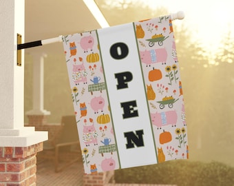 OPEN Sign Banner with Cute Autumn Pig Cat Floral Pattern, 24.5x32, Outdoor Business Sign for Farmstand, Rustic Farmhouse Outdoor Flag