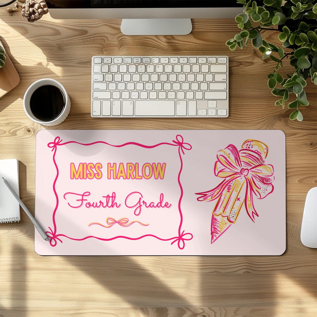 Personalized Pink Bow Teacher Desk Mat, Custom Name & Grade Classroom ...