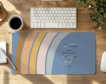 Blue Boho Desk Mat with Bible Verse, Joshua 1:9 Scripture Desk Pad, Neutral Aesthetic Teacher Desk Mat, Office & Home Workspace Decor