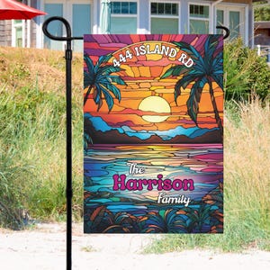 Personalized Tropical Stained Glass Garden Flag: Custom Name & Address