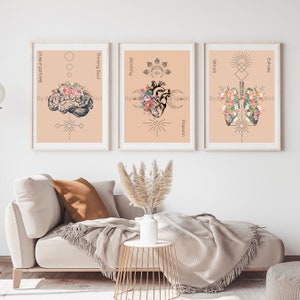 Boho floral Wall print, set of 3 Anatomical Art, lung floral,brain , and heart wall print, Digital Download,doctors office art