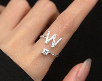 Anello iniziale personalizzato • Anello con lettera di diamanti in argento • Anello con nome personalizzato • REGALI DELLA MADRE • Regalo di anniversario carino • Anello iniziale