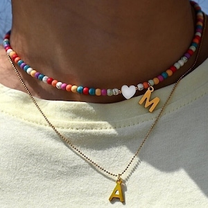 Colorful Beaded Initial Heart Necklace • Custom Letter Charm Ball Chain • Layering Necklace • Gift for Her • Personalized Letter Necklace