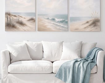 Coastal Canvas Set of 3: Sea Oat Shore, Soft Beach Dune Wall Art