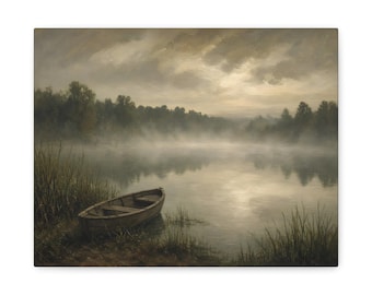 Moody Landscape Canvas: Quiet Lake Morning, Misty Lake and Rowboat Print