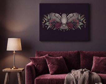 Cuadro decorativo de búho australiano: Búho australiano con flores oscuras, waratah y acacia.