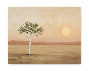 Minimalist Landscape Canvas: Lone Tree, Low Sun, Warm Desert Wall Art