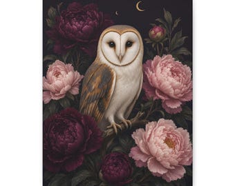 Dark Floral Canvas Wall Art: Moonlit Aviary Barn Owl, Moody Peony Print