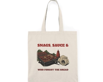 Divertida bolsa de tela para barbacoa: salchichas, salsa y ¿quién se olvidó del pan?