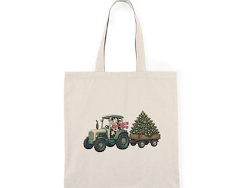Bolso navideño con diseño de vaca: Tractor transportando un árbol, regalo de la vida en la granja.