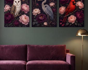 Dark Floral Canvas Set of 3: Moonlit Aviary Owl, Heron and Cardinal