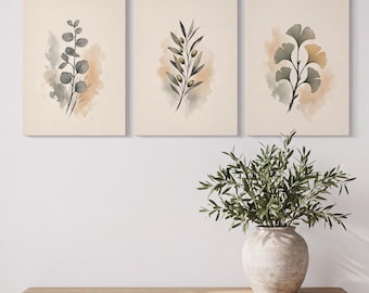 Botanical Canvas Set of 3: Sage Ink Eucalyptus, Olive and Ginkgo, Japandi