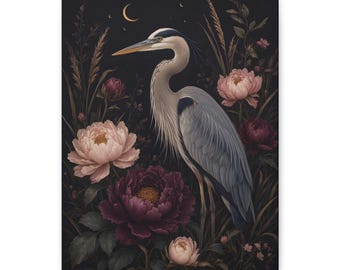 Dark Floral Canvas Wall Art: Moonlit Aviary Great Blue Heron, Moody Peony Print