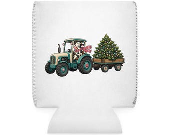 Soporte para latas con forma de árbol de Navidad y tractor con forma de vaca: enfriador de latas con diseño festivo de granja.