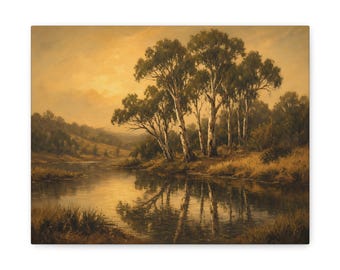Vintage Landscape Canvas: Golden Hour Creek, Antique Oil Painting Print