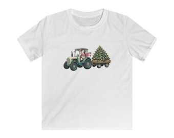 Camiseta infantil navideña con estampado de vaca: Tractor transportando un árbol de Navidad (Camiseta de algodón)