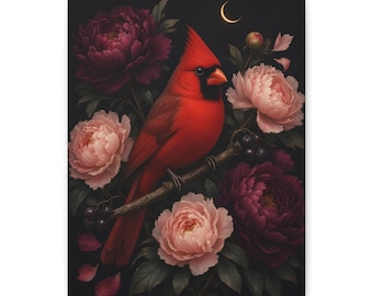 Dark Floral Canvas Wall Art: Moonlit Aviary Cardinal, Moody Peony Print