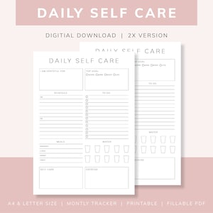 Plantilla rellenable de autocuidado diario - Tamaño A4 y carta - Descarga digital - Plan de alimentación diario - Lista de tareas diarias - Programa diario