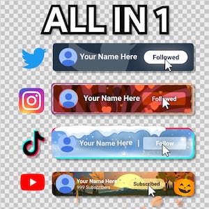 May include: A graphic showing four different social media buttons with the text "ALL IN 1" at the top. The buttons are for Twitter, Instagram, TikTok, and YouTube. Each button has a profile picture, a name field, and a button to follow or subscribe. The Twitter button is blue with a white bird logo. The Instagram button is a gradient of orange, pink, and purple with a white camera logo. The TikTok button is black with a white music note logo. The YouTube button is red with a white play button logo.