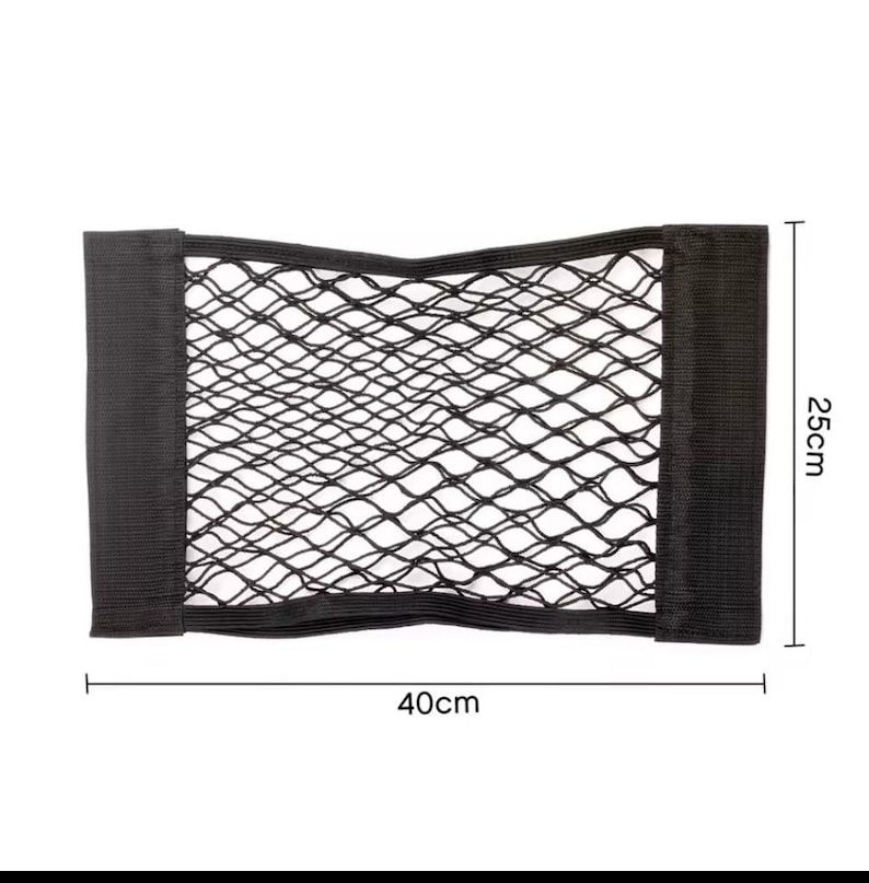 May include: Black mesh car storage net, 40cm wide and 25cm high, with black fabric borders. The net is designed to hold items securely. Ideal for organizing car interiors.