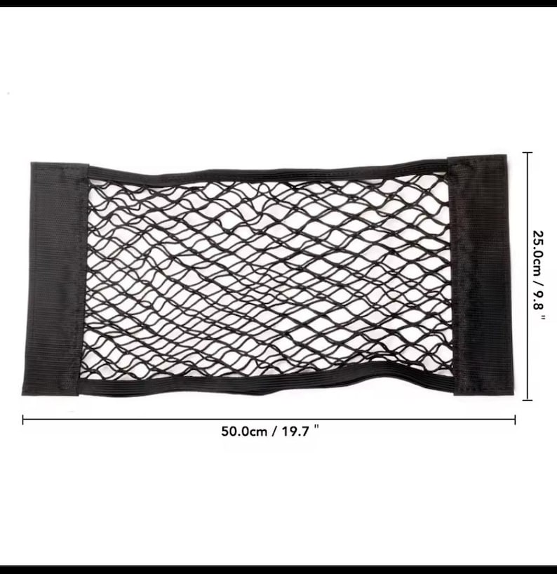 May include: Black mesh car storage net, 19.7 inches wide and 9.8 inches high, with black fabric edges. This car accessory provides extra storage space for items in a vehicle.