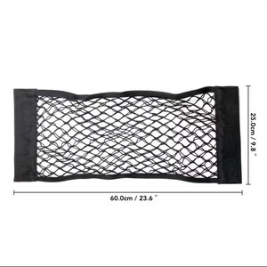 May include: Black mesh car storage net, 23.6 inches long and 9.8 inches high, with black fabric borders. The net is designed to hold items securely. The dimensions are clearly marked on the image.